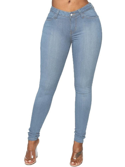 Pencil Pants Button Plain Slim Mid Waist Jeans for Women