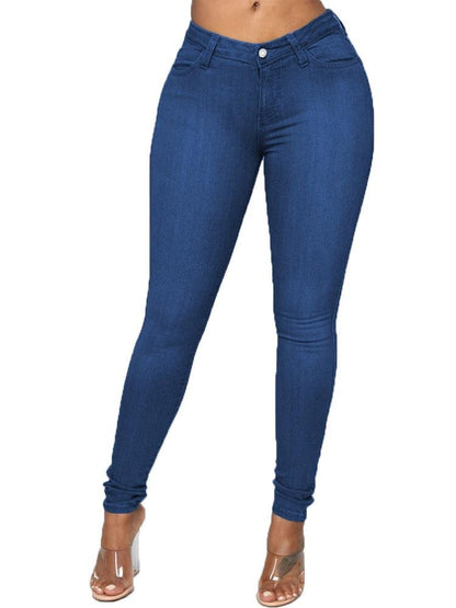 Pencil Pants Button Plain Slim Mid Waist Jeans for Women