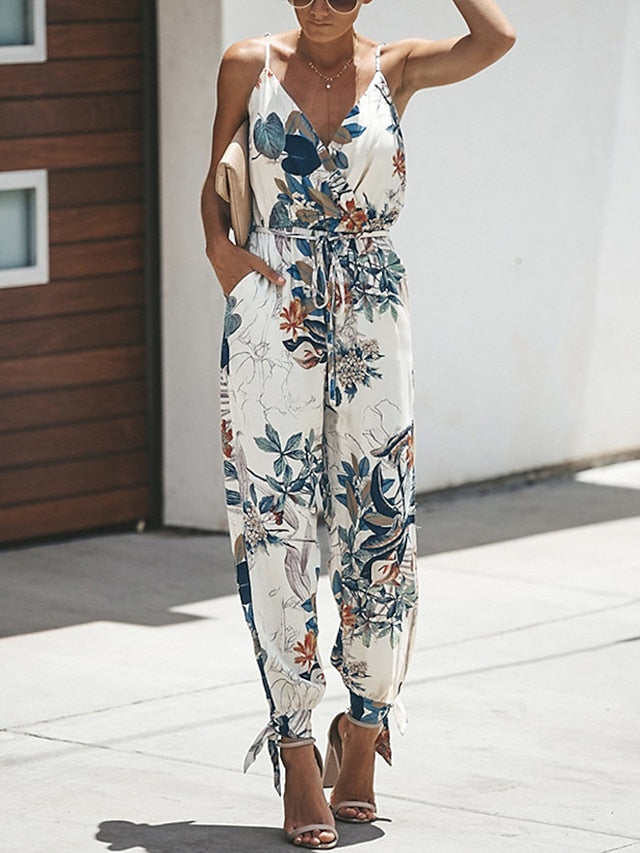 Women's Jumpsuit Drawstring Floral V Neck Casual Daily Holiday Harem Regular Fit Spaghetti Strap White Wine Army Green