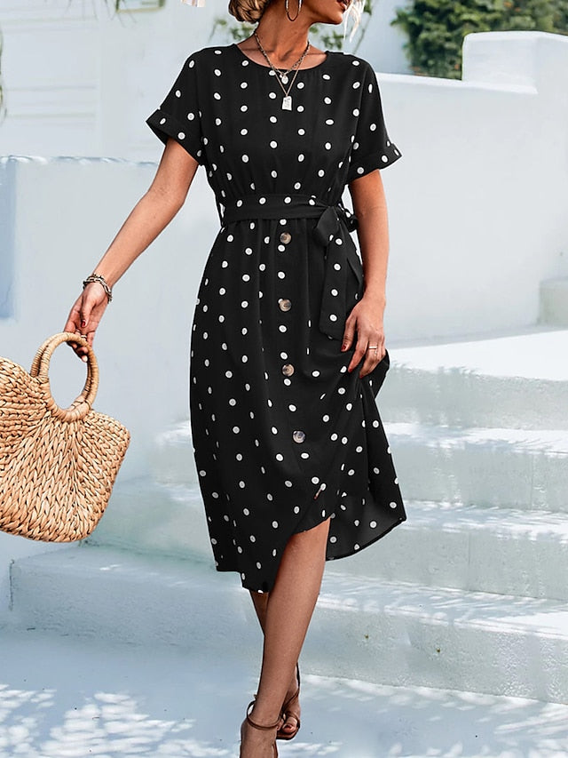 Women's Casual Dress Summer Dress PolkaÂ DotÂ Dress Polka Dot Lace up Print Crew Neck Midi Dress Fashion Streetwear Outdoor Date Short Sleeve Regular Fit Black Yellow Pink Summer Spring S M L XL - LuckyFash™