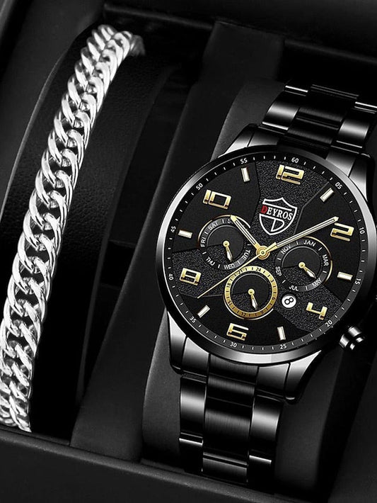 Men Quartz Watch Fashion Luxury Casual Analog Wristwatches with Bracelet Set Black Business Mens Stainless Steel Watches Men Watch Set - LuckyFash™