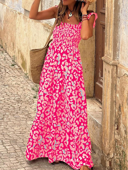 Pink Leopard Print Bohemian Maxi Dress with Ruffle Straps