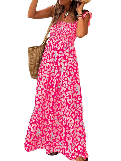 Pink Leopard Print Bohemian Maxi Dress with Ruffle Straps