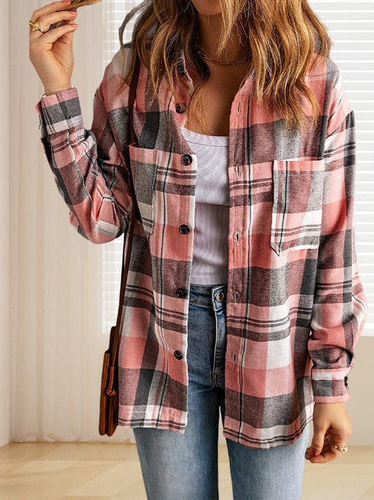 Pink Plaid Women's Cardigan Style Loose Top with Long Sleeves