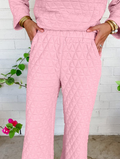 Pink Quilted Pullover and Wide Leg Pants Set