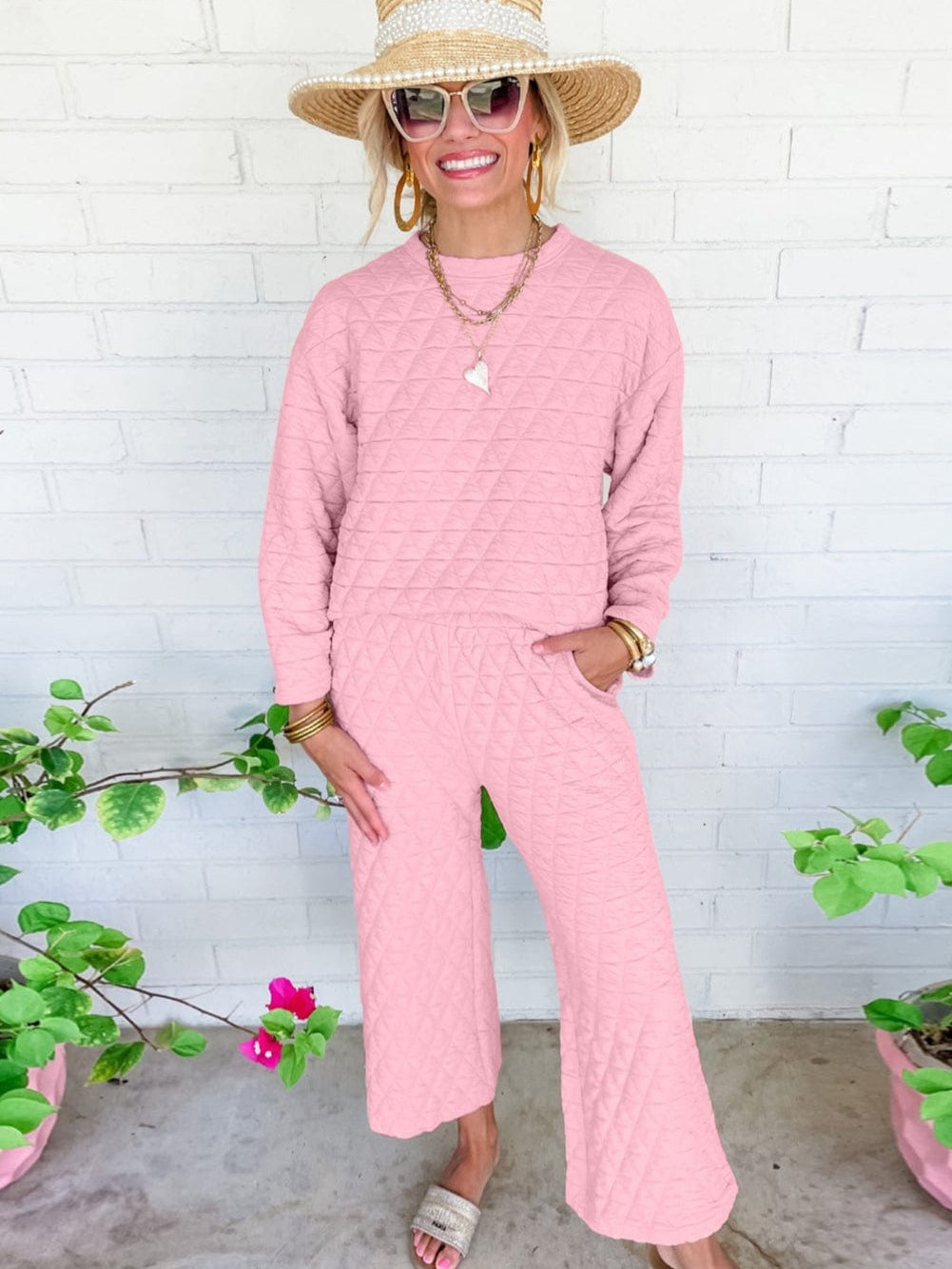 Pink Quilted Pullover and Wide Leg Pants Set