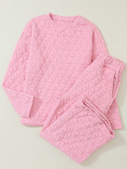 Pink Quilted Pullover and Wide Leg Pants Set