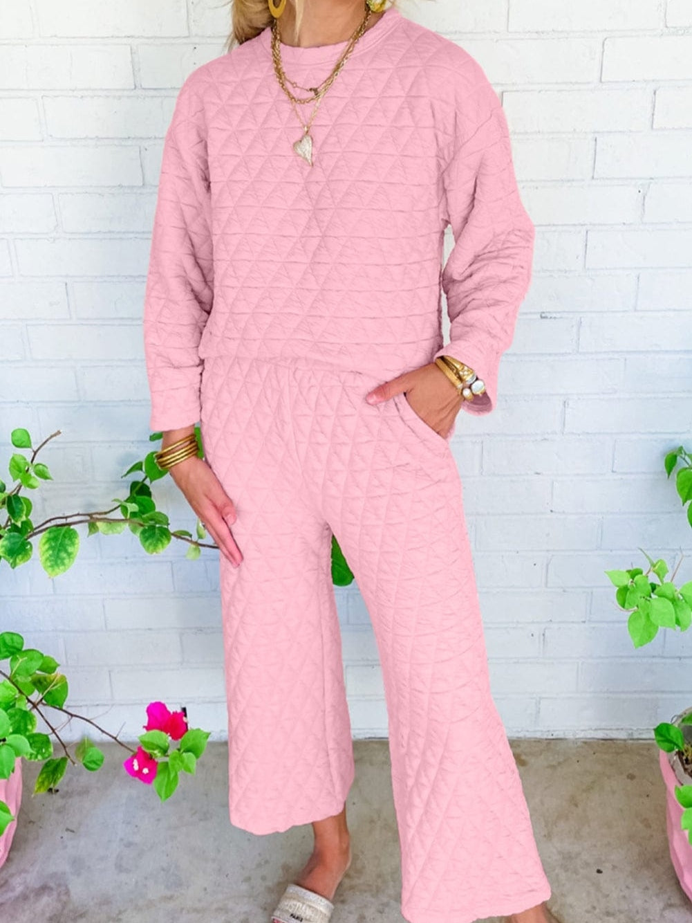 Pink Quilted Pullover and Wide Leg Pants Set