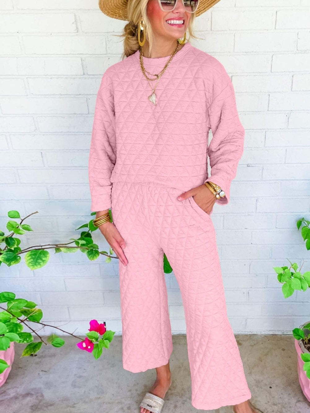 Pink Quilted Pullover and Wide Leg Pants Set