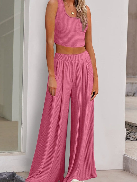 Pink Ribbed Sleeveless Crop Top and Wide Leg Pants Set