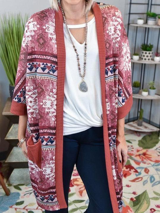 Pink Shift 3/4 Sleeve Cotton-Blend Tribal Outerwear for Women