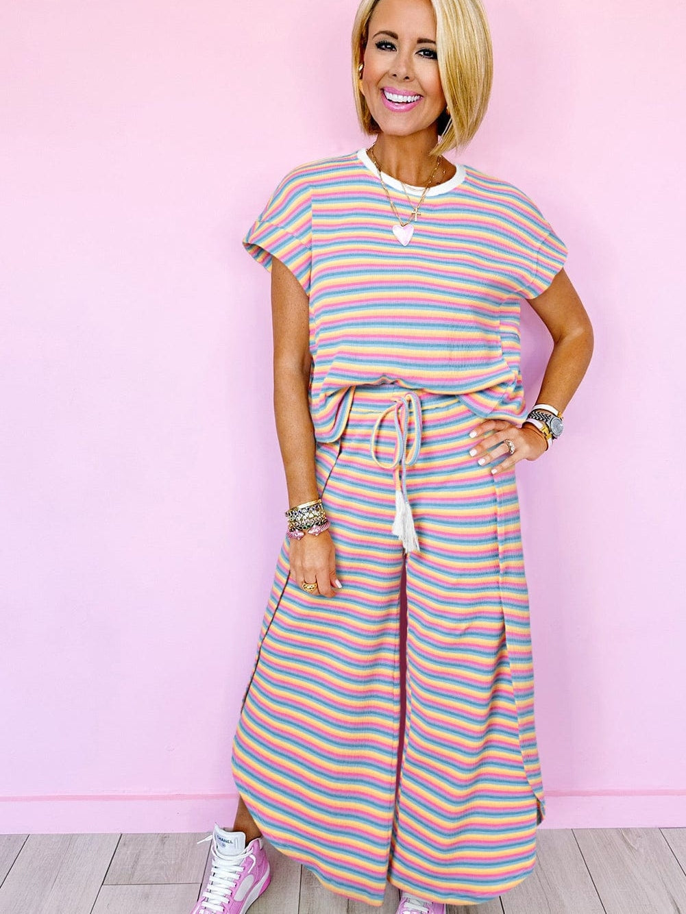 Pink Striped Rainbow Tee and Tasseled Wide Leg Pants Ensemble