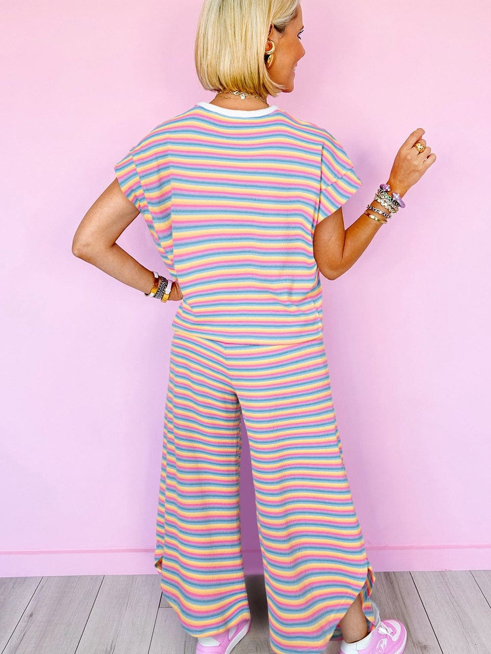 Pink Striped Rainbow Tee and Tasseled Wide Leg Pants Ensemble