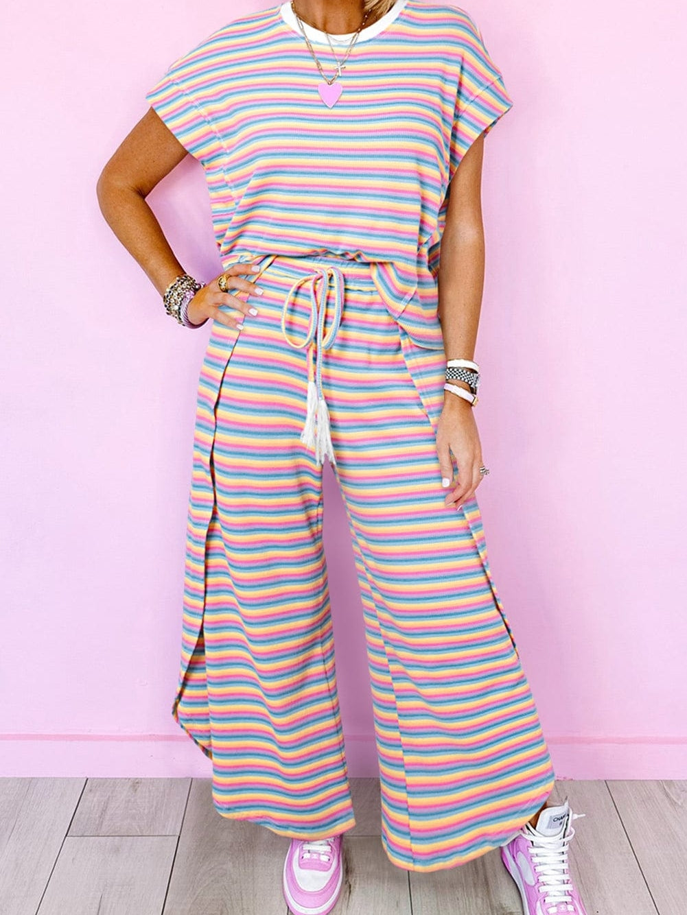 Pink Striped Rainbow Tee and Tasseled Wide Leg Pants Ensemble