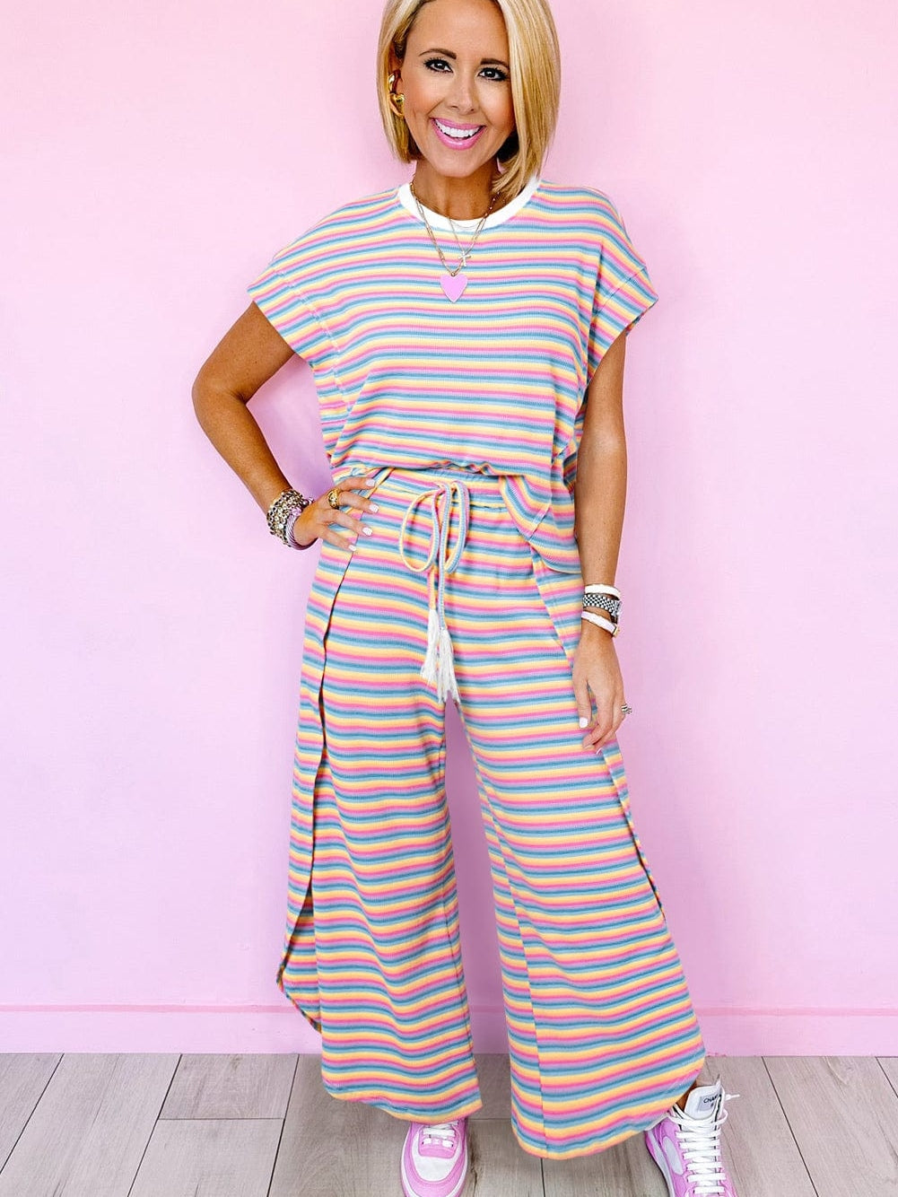 Pink Striped Rainbow Tee and Tasseled Wide Leg Pants Ensemble