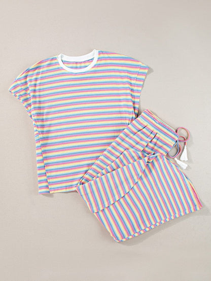 Pink Striped Rainbow Tee and Tasseled Wide Leg Pants Ensemble