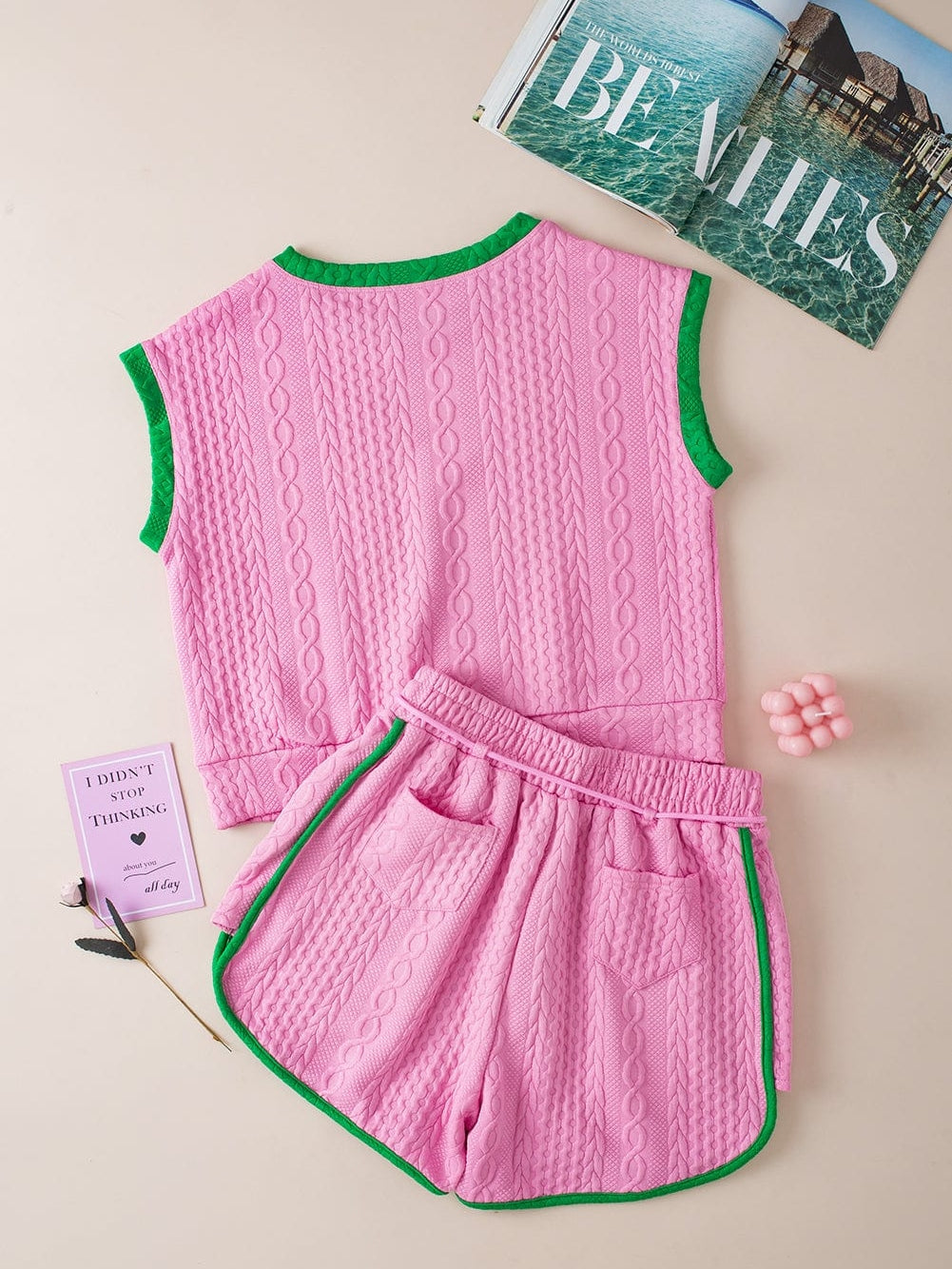 Pink Textured Cable Shorts Set with Contrast Trim