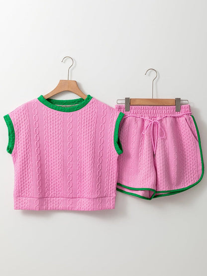 Pink Textured Cable Shorts Set with Contrast Trim