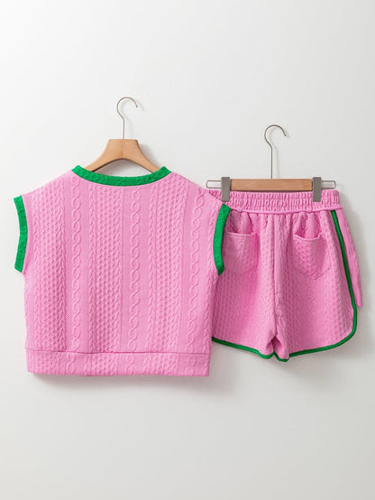 Pink Textured Cable Shorts Set with Contrast Trim