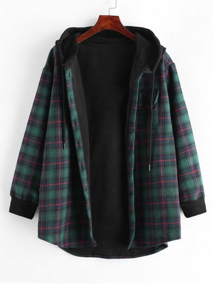 Plaid Button Up Pocket Hooded Coat for Women