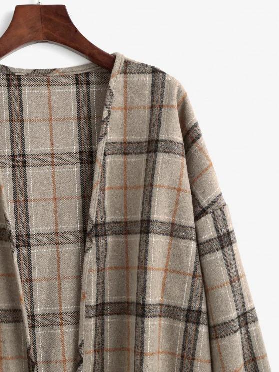 Plaid Drop Shoulder Open Front Coat - LuckyFash™