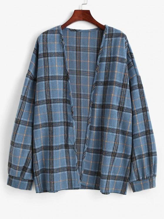 Plaid Drop Shoulder Open Front Coat for Women