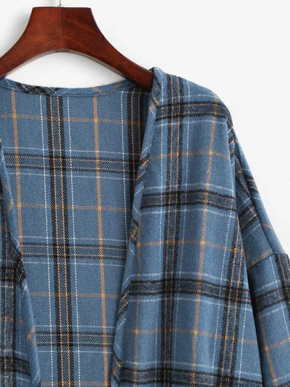 Plaid Drop Shoulder Open Front Coat - LuckyFash™