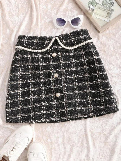 Plaid Faux Pearl Button Tweed Skirt - LuckyFash™