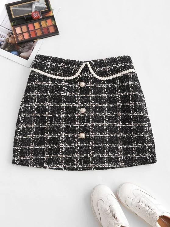 Plaid Faux Pearl Button Tweed Skirt - LuckyFash™