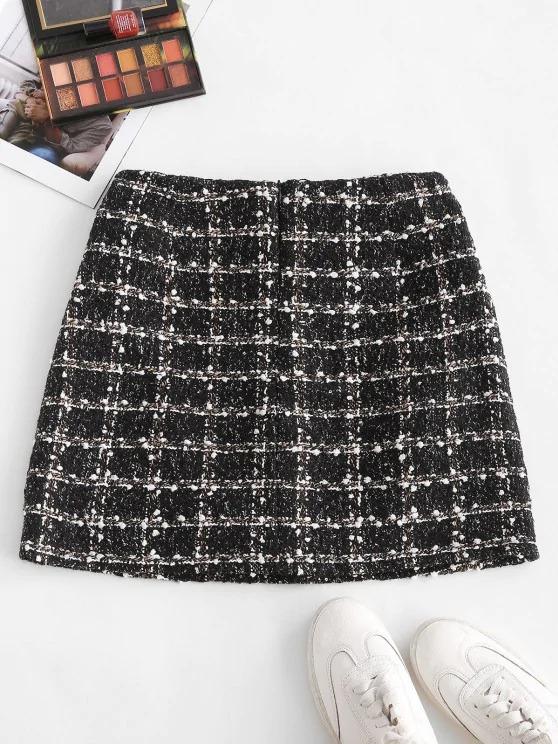 Plaid Faux Pearl Button Tweed Skirt - LuckyFash™