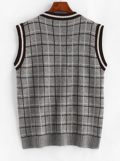 Plaid Front Pocket Striped Trim Sweater Vest - LuckyFash™