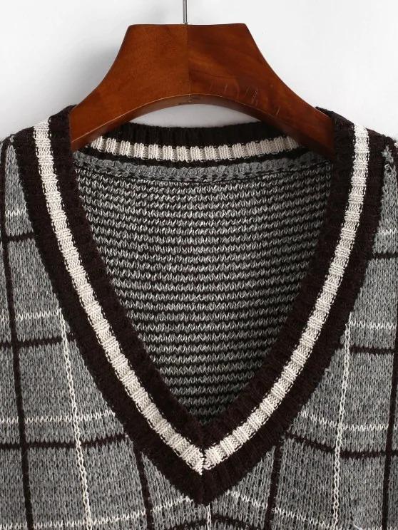 Plaid Front Pocket Striped Trim Sweater Vest - LuckyFash™