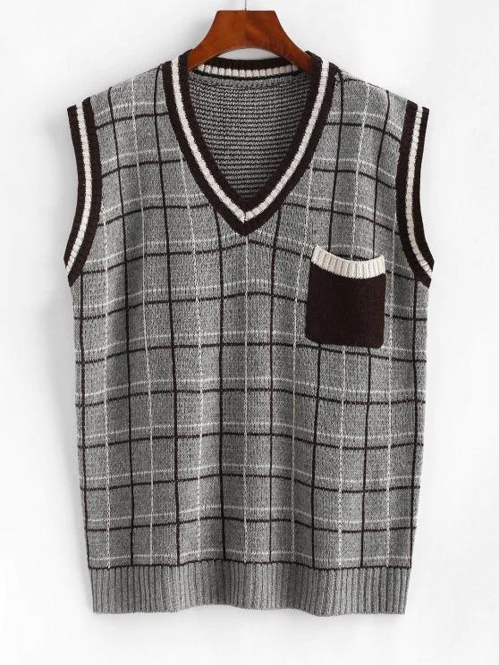 Plaid Front Pocket Striped Trim Sweater Vest - LuckyFash™