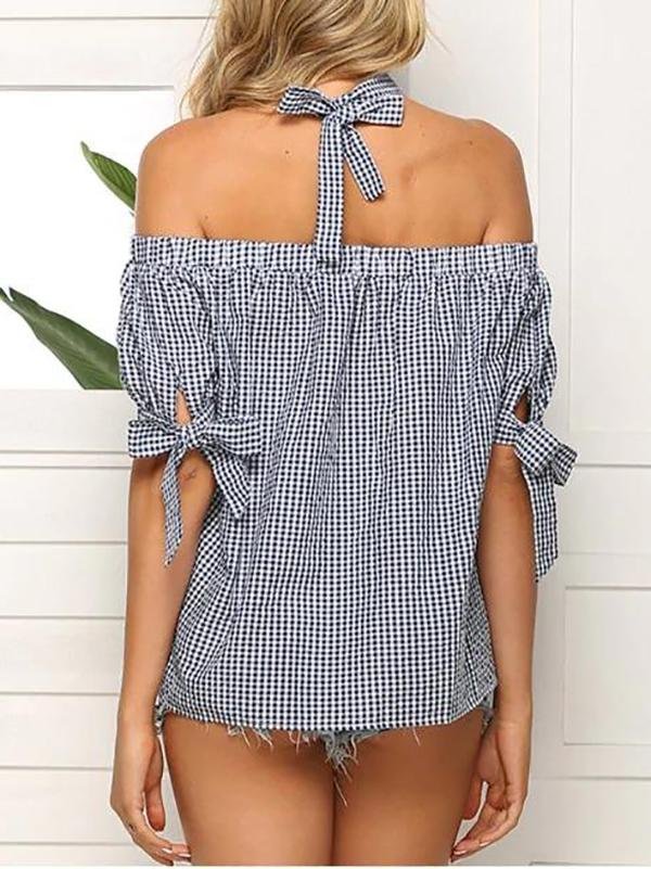 Plaid Halter Tie Cuffs Blouse - LuckyFash™