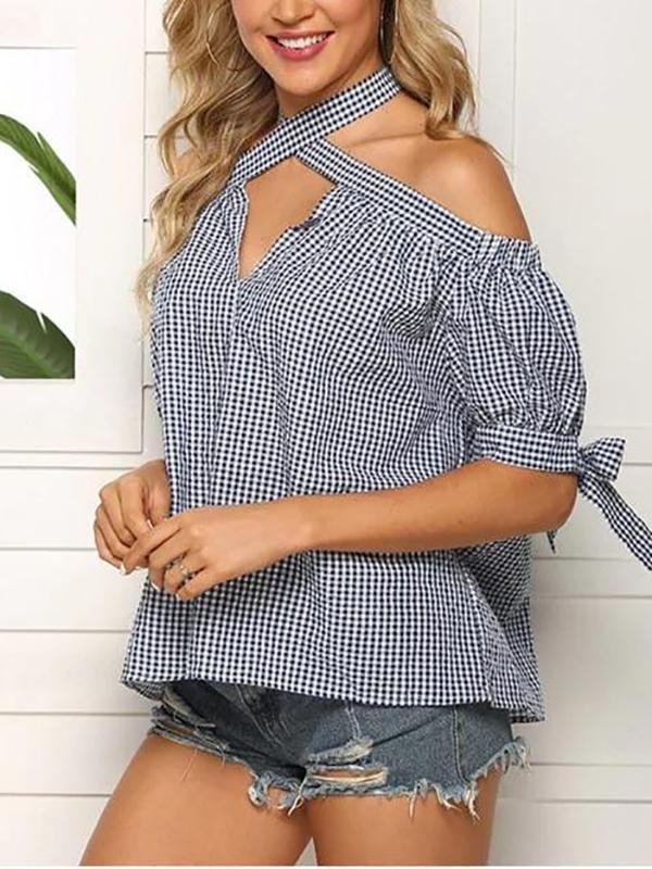 Plaid Halter Tie Cuffs Blouse - LuckyFash™