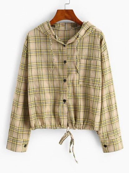 Plaid Hooded Drawstring Chest Pocket Jacket - LuckyFash™