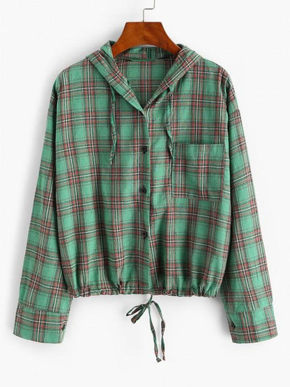 Plaid Hooded Drawstring Chest Pocket Jacket for Women