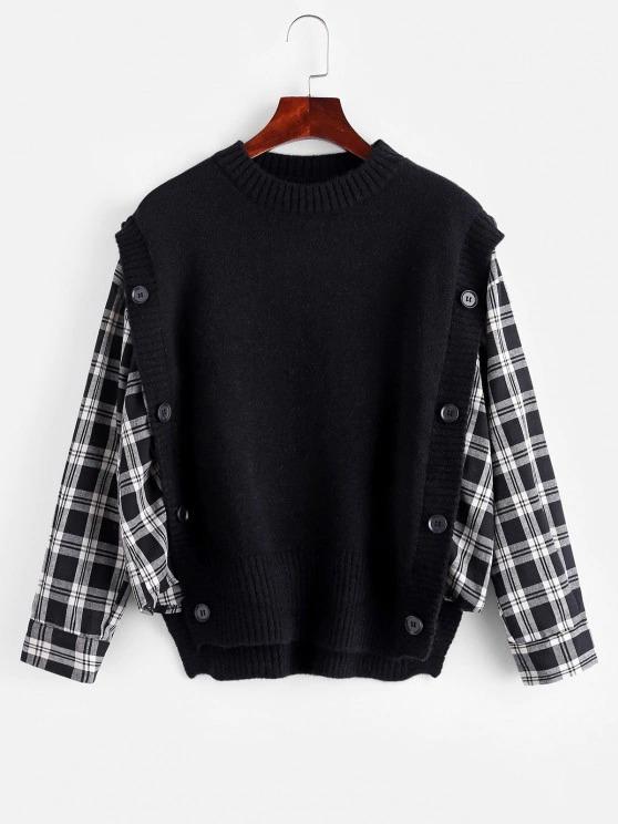 Plaid Mock Button Oversized Twofer Sweater - LuckyFash™