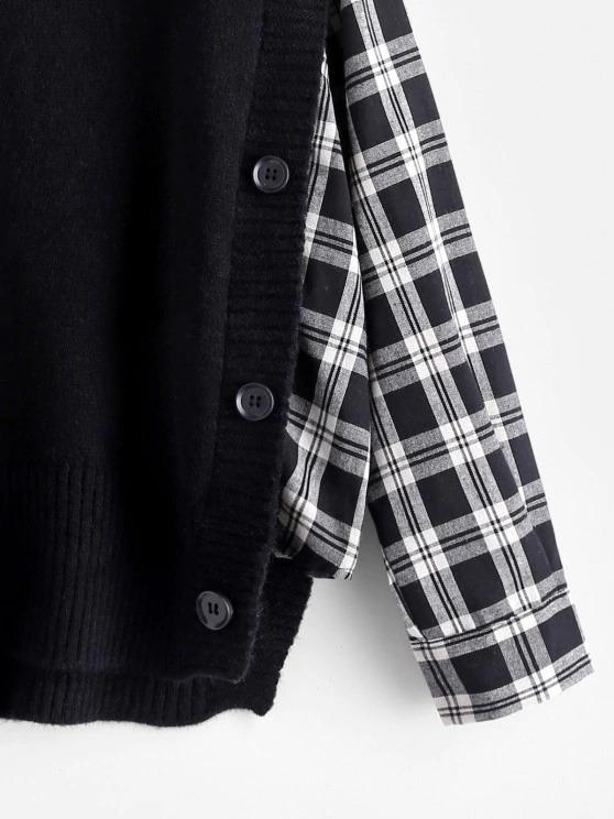 Plaid Mock Button Oversized Twofer Sweater - LuckyFash™