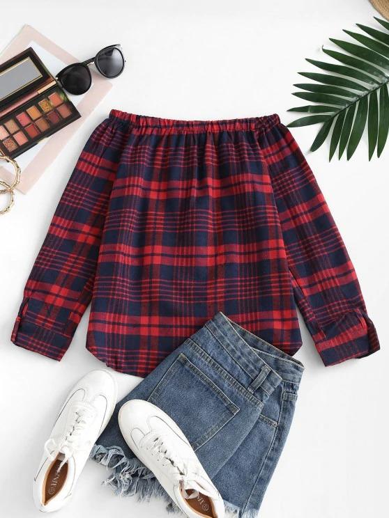 Plaid Off Shoulder Mock Button Tunic Blouse - LuckyFash™