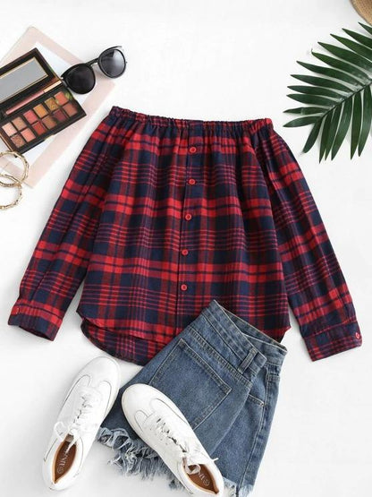 Plaid Off Shoulder Mock Button Tunic Blouse - LuckyFash™