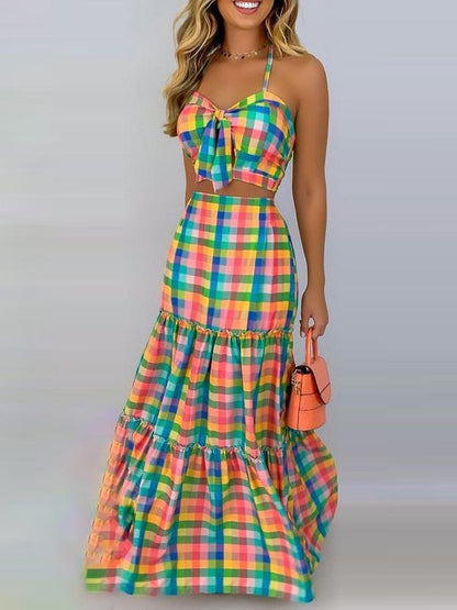 Plaid Print Spaghetti Strap Top & Ruffles Hem Skirt Set - LuckyFash™