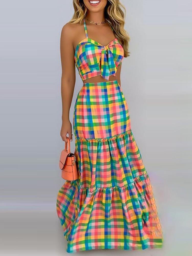 Plaid Print Spaghetti Strap Top & Ruffles Hem Skirt Set - LuckyFash™