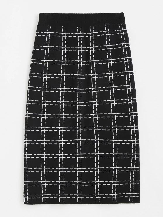 Plaid Side Slit Knitted Skirt for Women