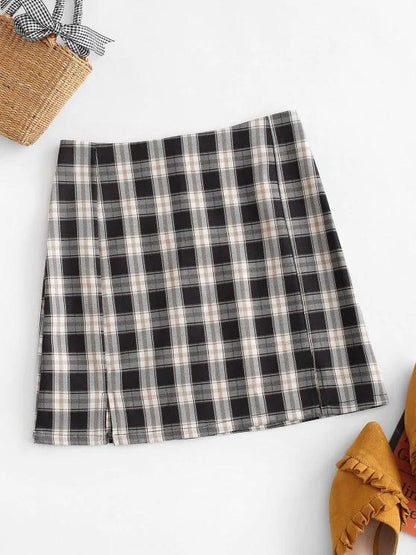 Plaid Slit Front Mini Skirt for Women