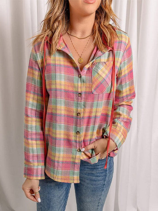 Plaid Snap Button Hooded Cardigan for Women with Long Sleeves