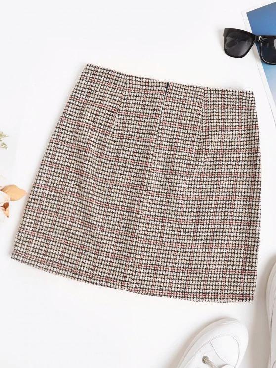 Plaid Tweed Metallic Button Mini Skirt - LuckyFash™