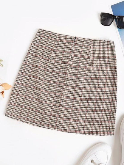 Plaid Tweed Metallic Button Mini Skirt - LuckyFash™