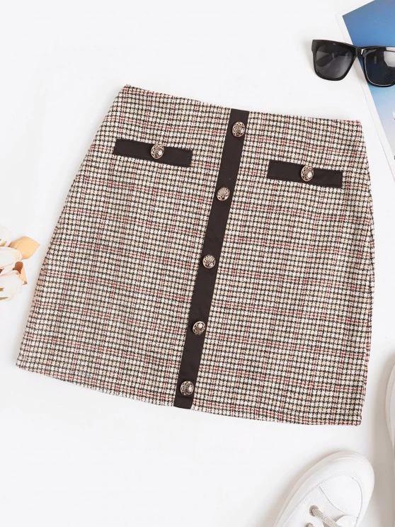 Plaid Tweed Metallic Button Mini Skirt for Women