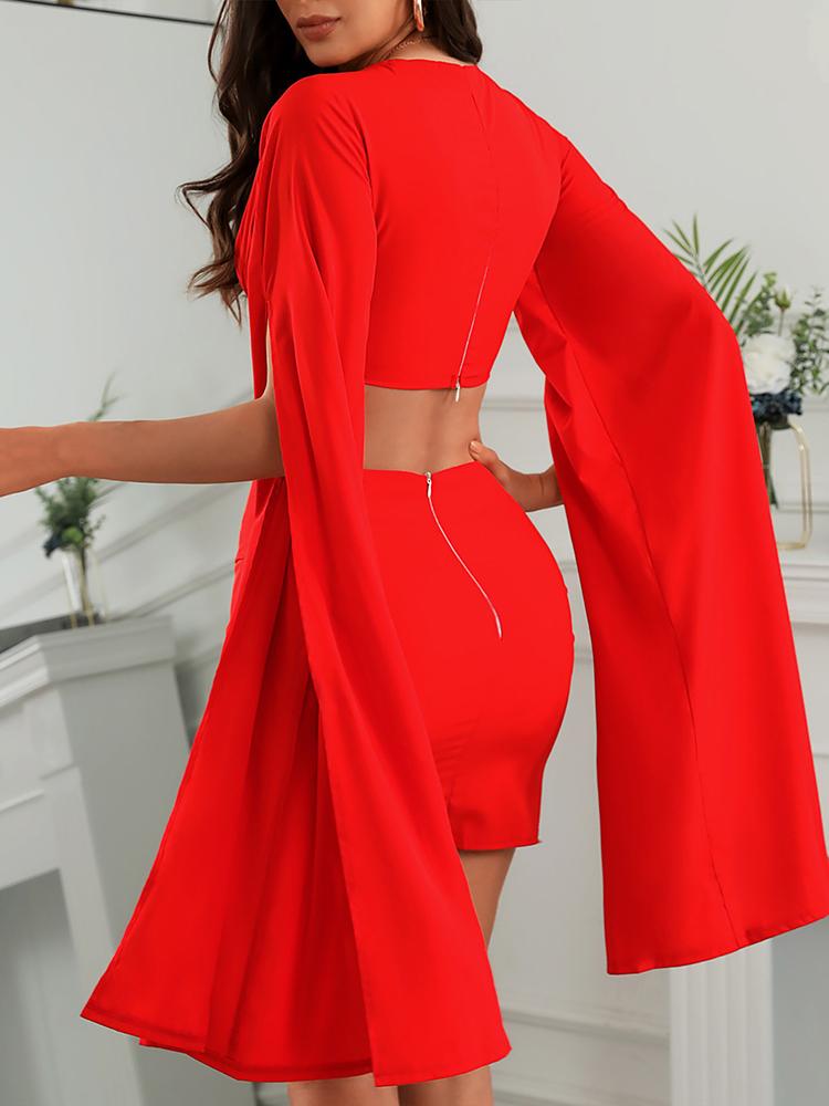 Plain Cape Sleeve Plunge Crop Top & Ruched Skirt Set - LuckyFash™